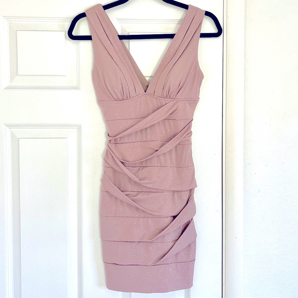 Windsor Glitter Bodycon Mini Dress Nude Built in Bra Draped Scrunch Butt Small